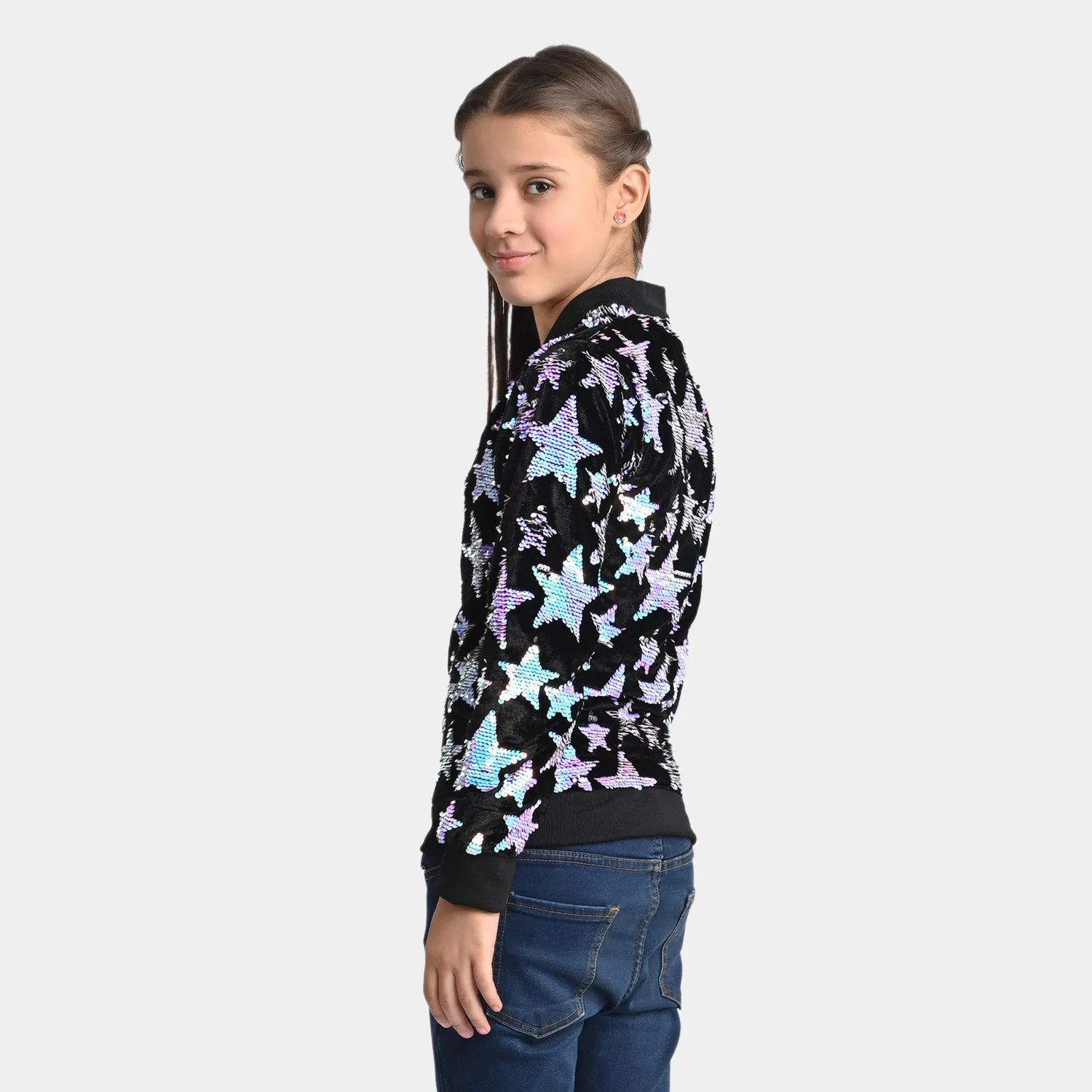 Girls Fleece Jacket Sequins B/S -BLACK