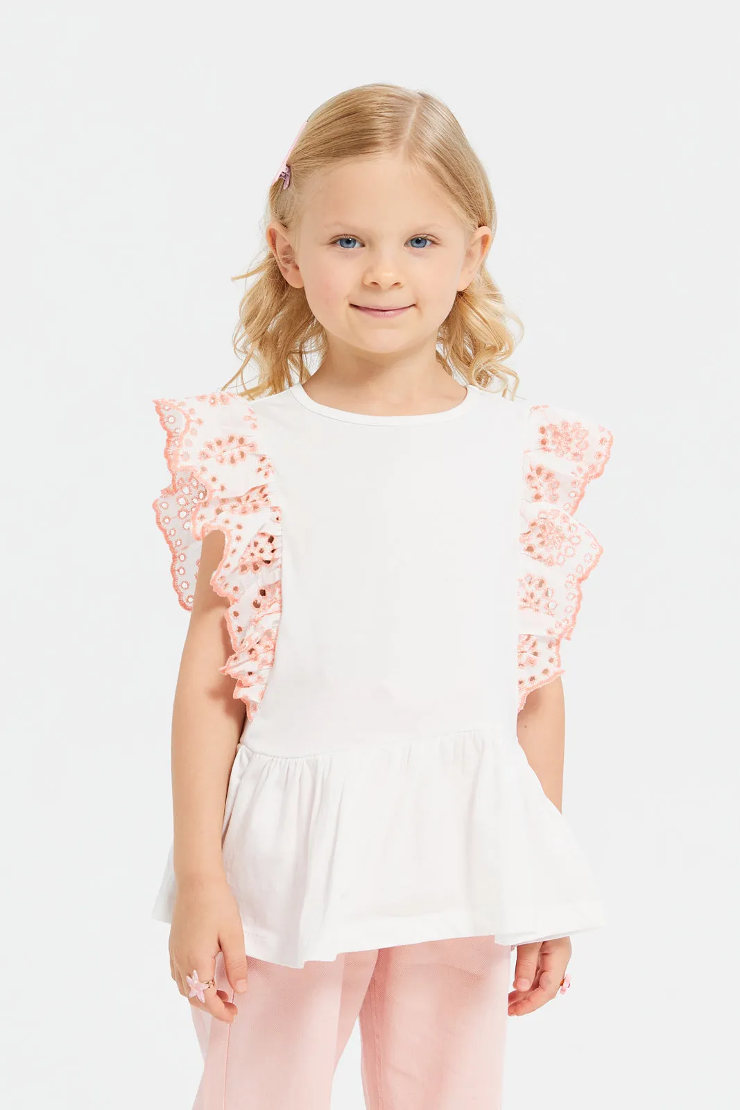 Girls White Schiffli Frill Peplum Jersey Top