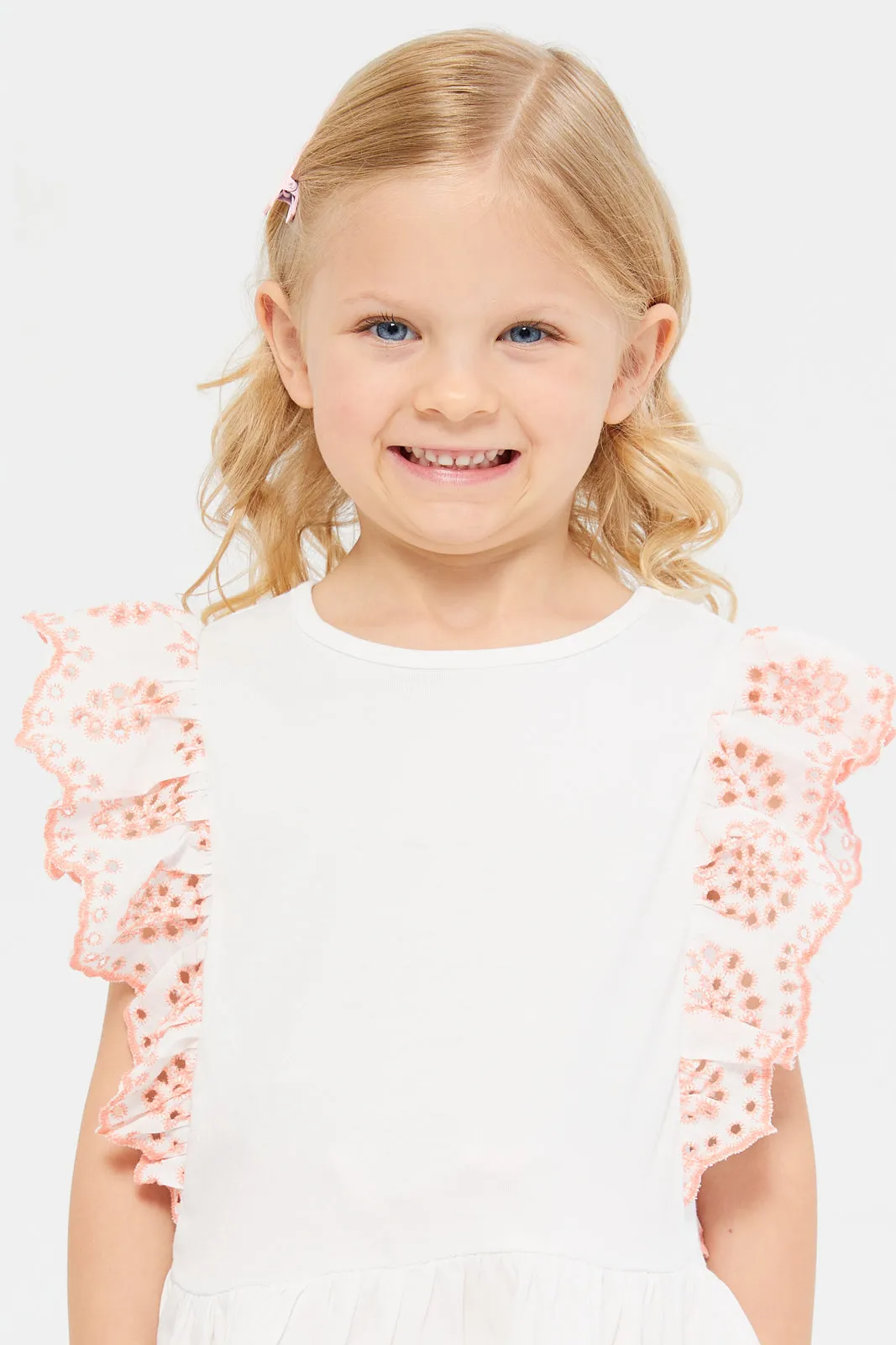 Girls White Schiffli Frill Peplum Jersey Top