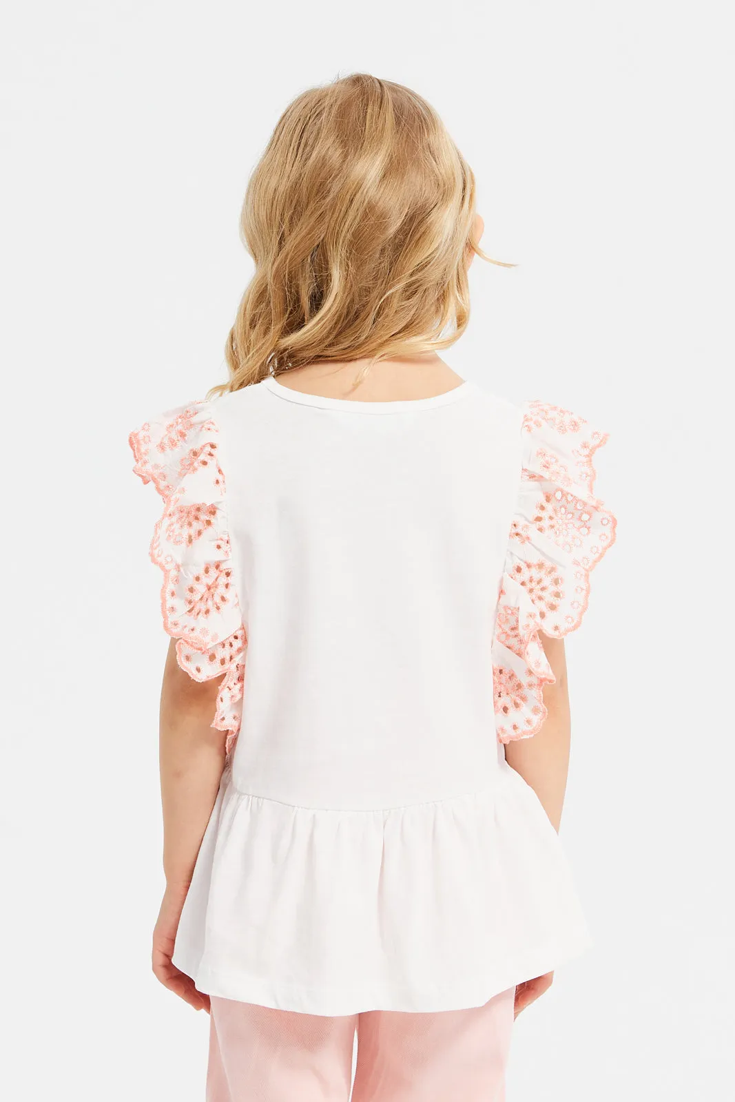 Girls White Schiffli Frill Peplum Jersey Top