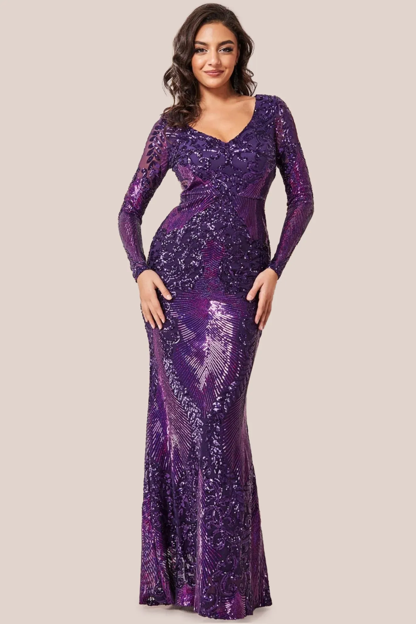 Goddiva Contrast Sequin Long Sleeve Maxi Dress - Purple