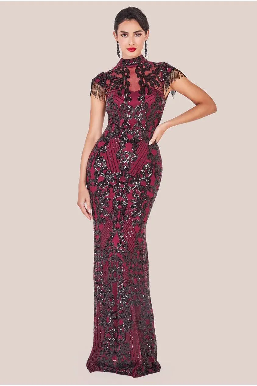 Goddiva Embroidered Sequin Beaded Cap Sleeve Maxi - Burgundy