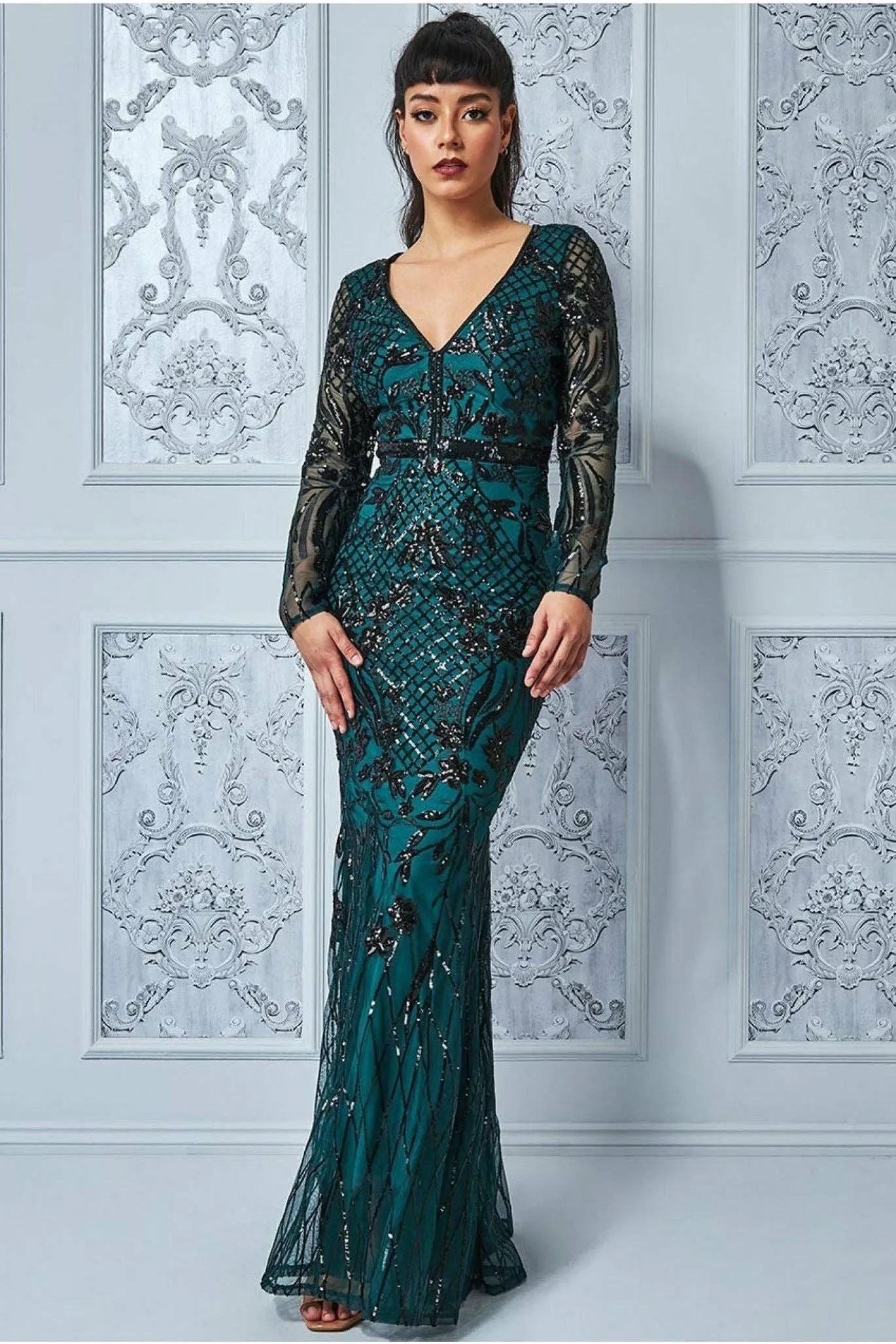 Goddiva Full Sleeve Sequin Evening Dress - Emerald Green