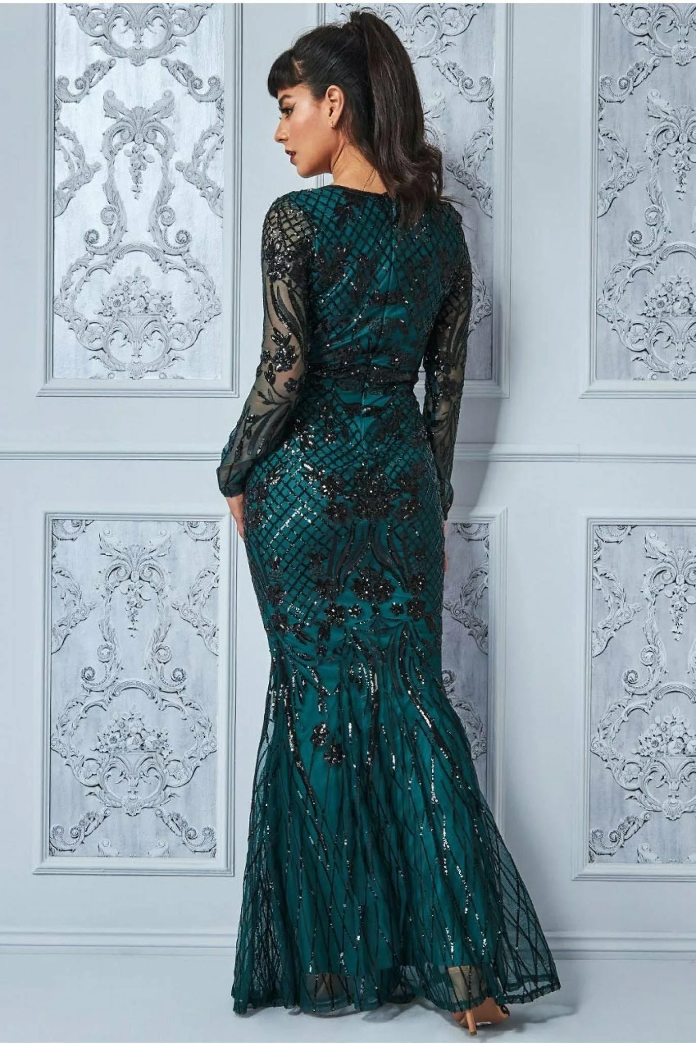 Goddiva Full Sleeve Sequin Evening Dress - Emerald Green