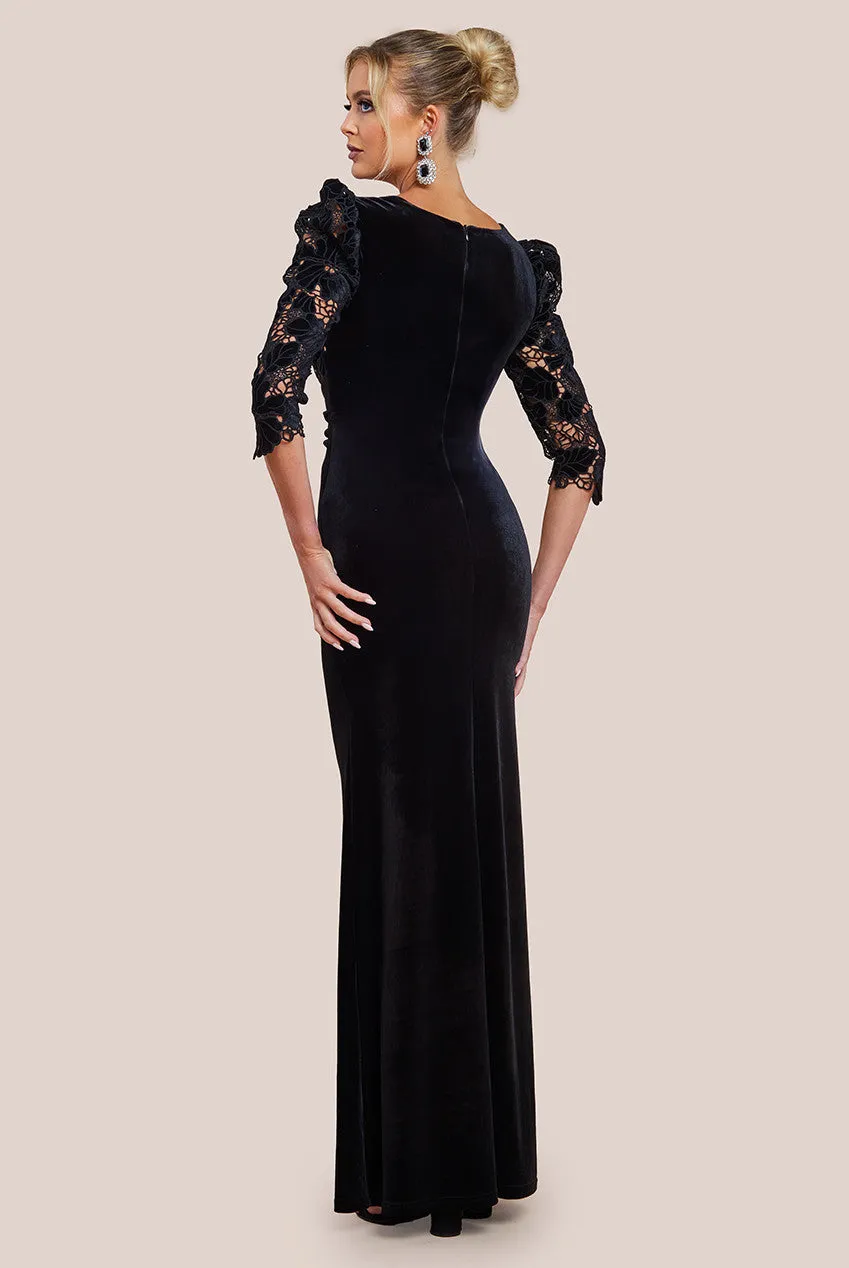 Goddiva Scalloped Velvet Crochet Maxi Dress - Black