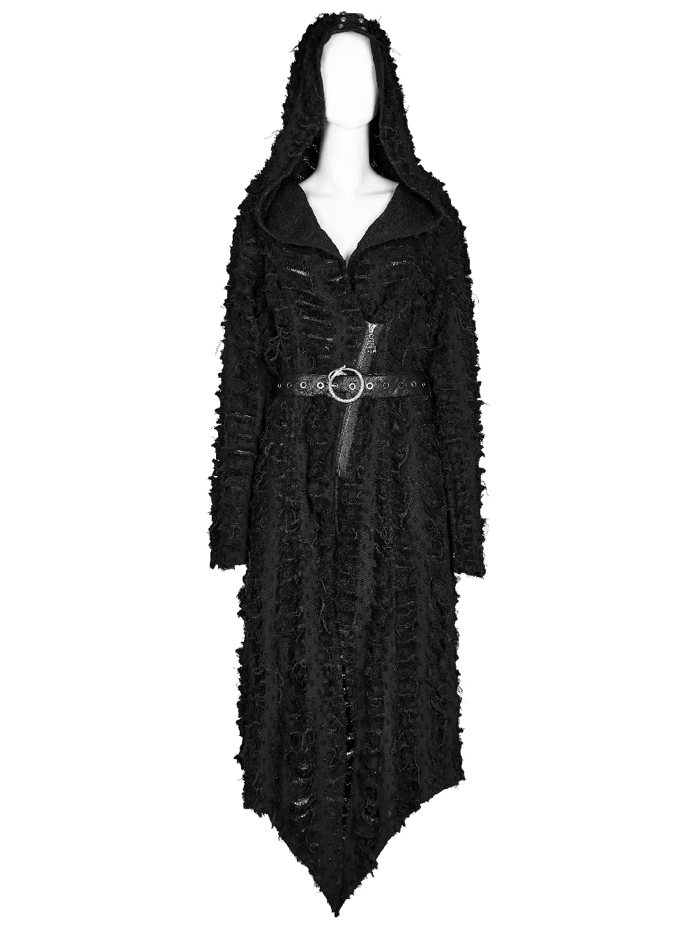 Gothic Women's Black Hooded Cape with Belt and Mesh