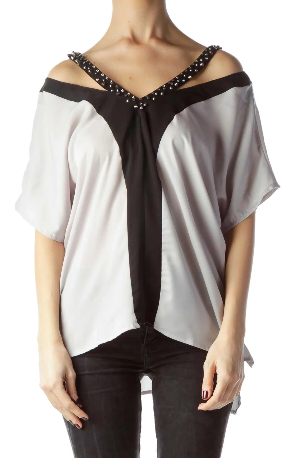 Gray Black Color Block Embellished Neck Top