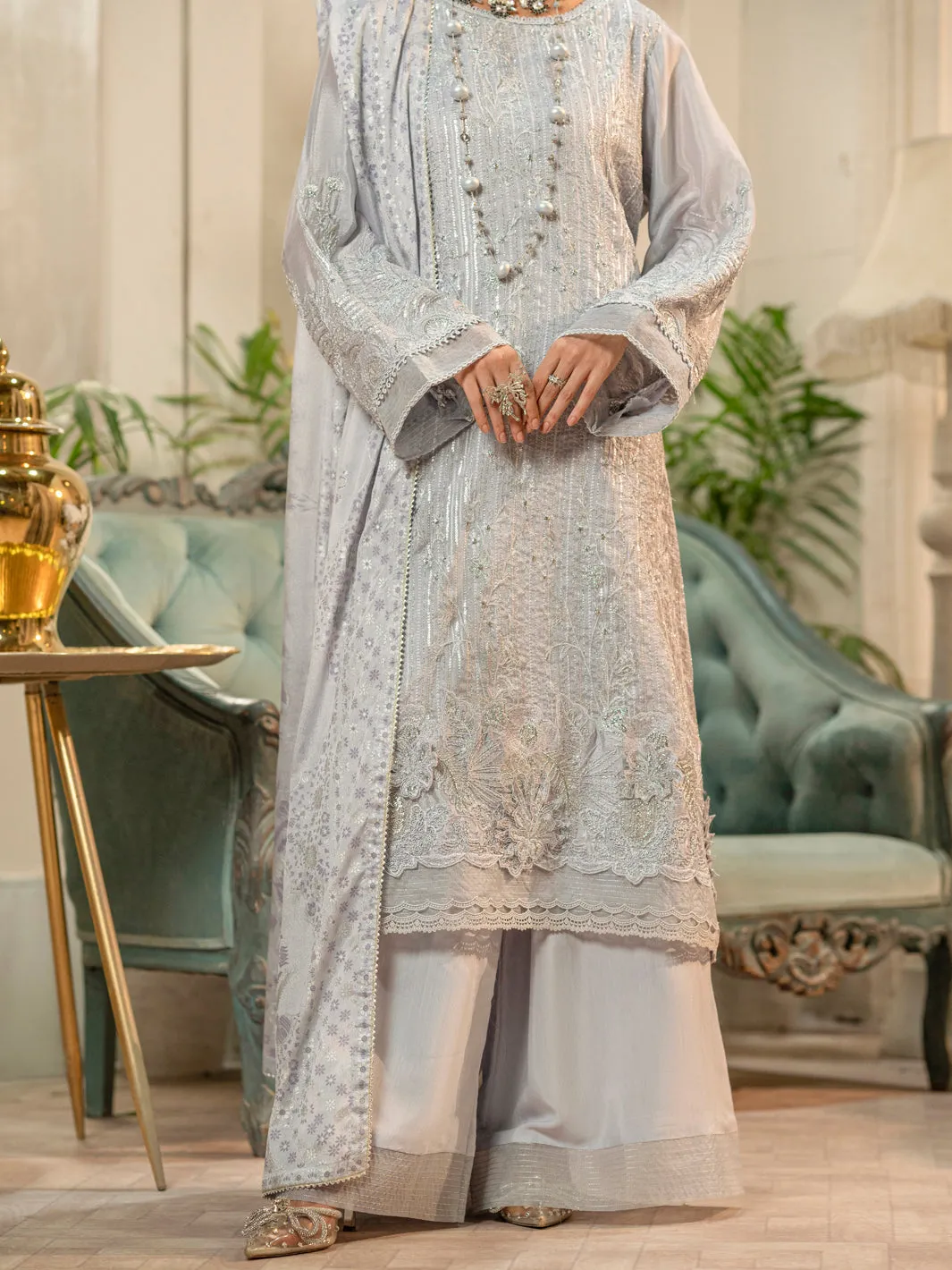 Grey Chiffon 3 Piece Formal Stitched - AL-3PS-LS-425