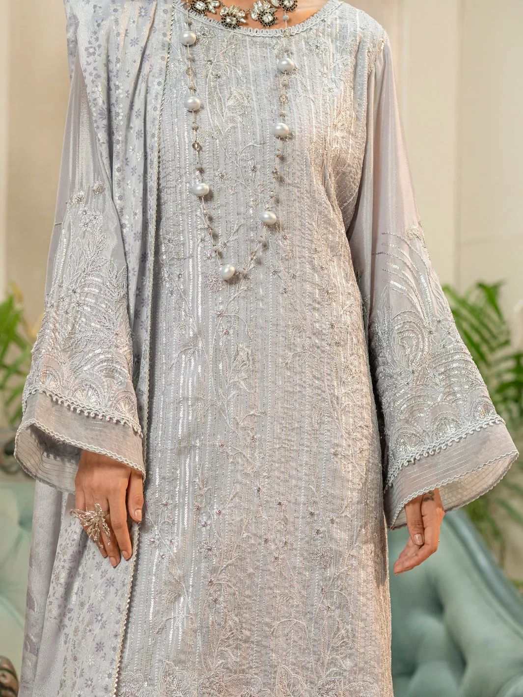 Grey Chiffon 3 Piece Formal Stitched - AL-3PS-LS-425