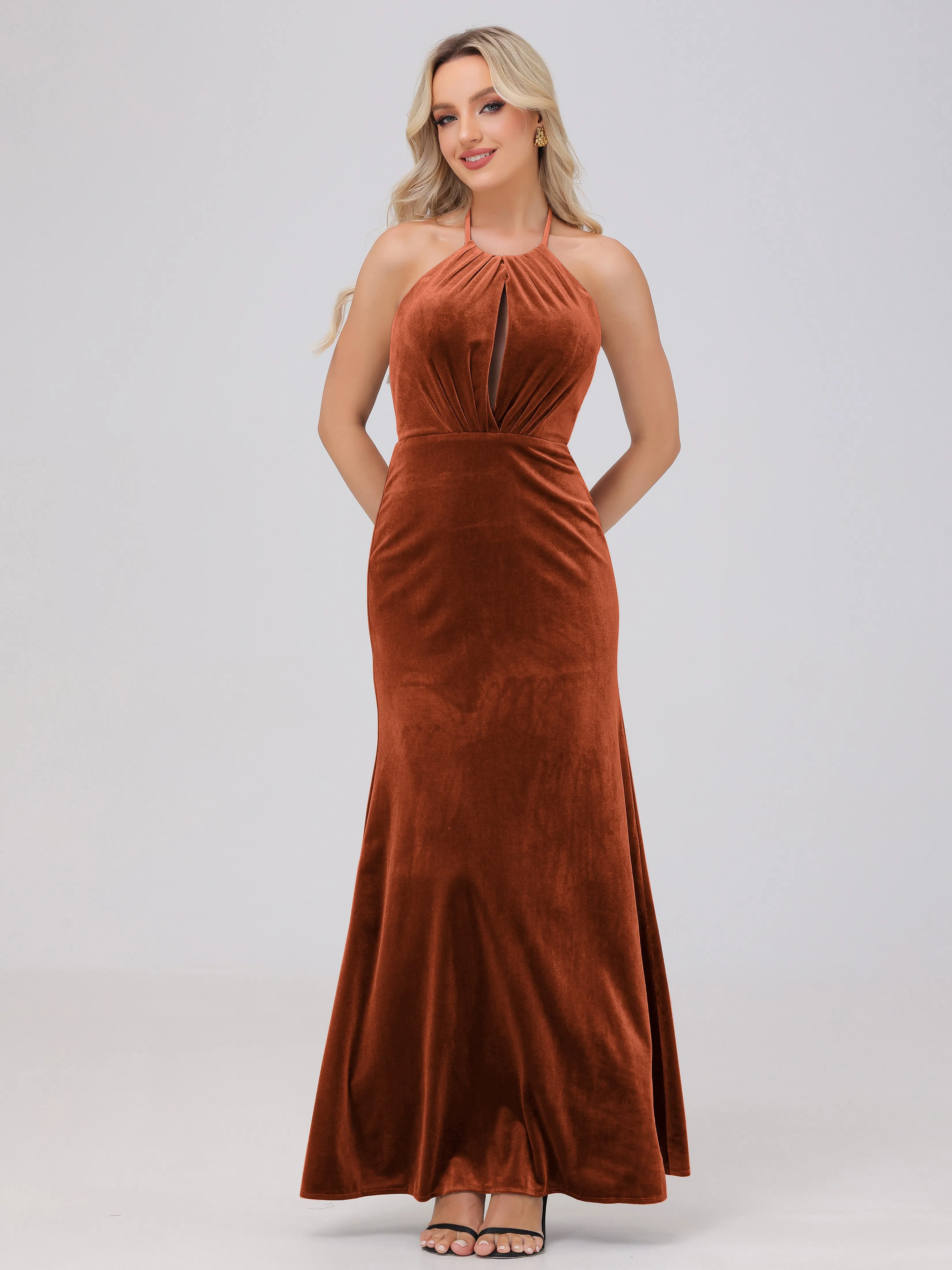 Halter Sheath/Column Long Velvet Bridesmaid Dresses