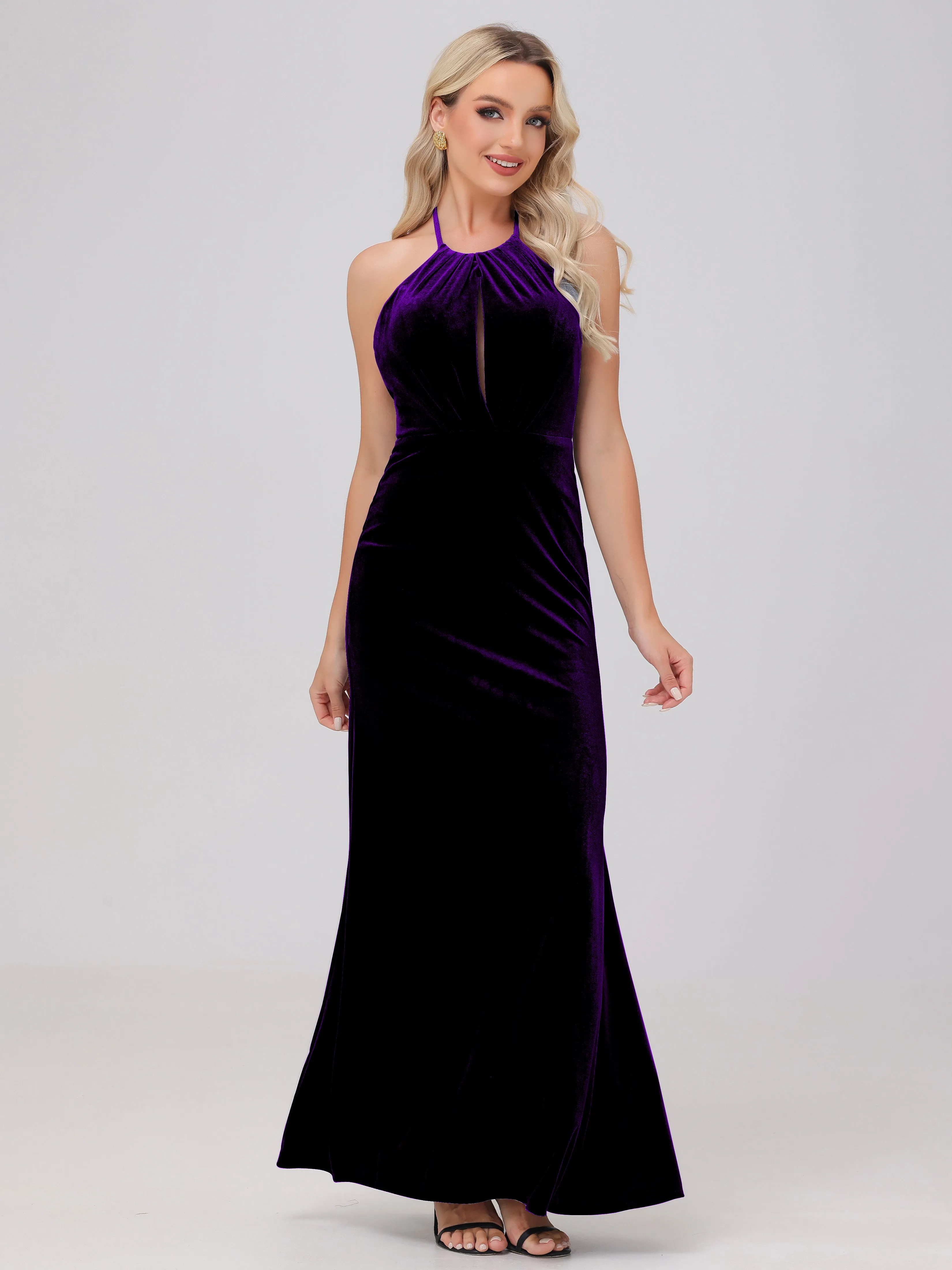 Halter Sheath/Column Long Velvet Bridesmaid Dresses