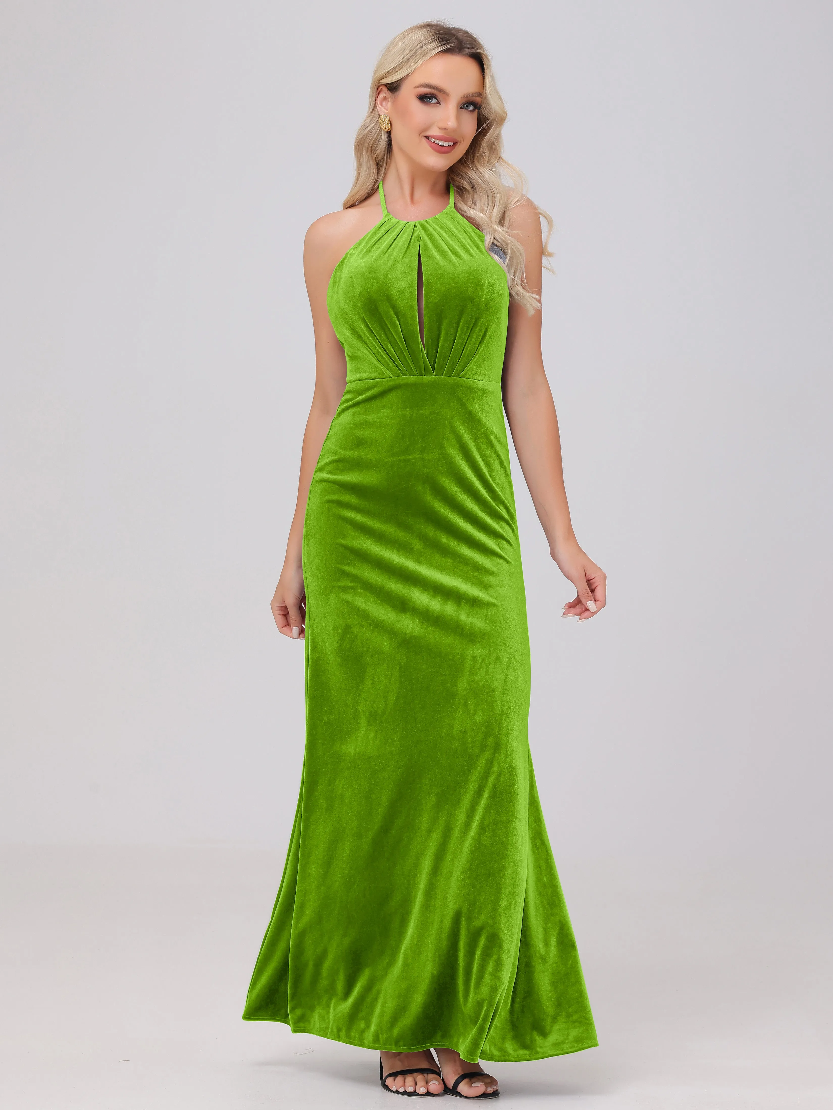 Halter Sheath/Column Long Velvet Bridesmaid Dresses