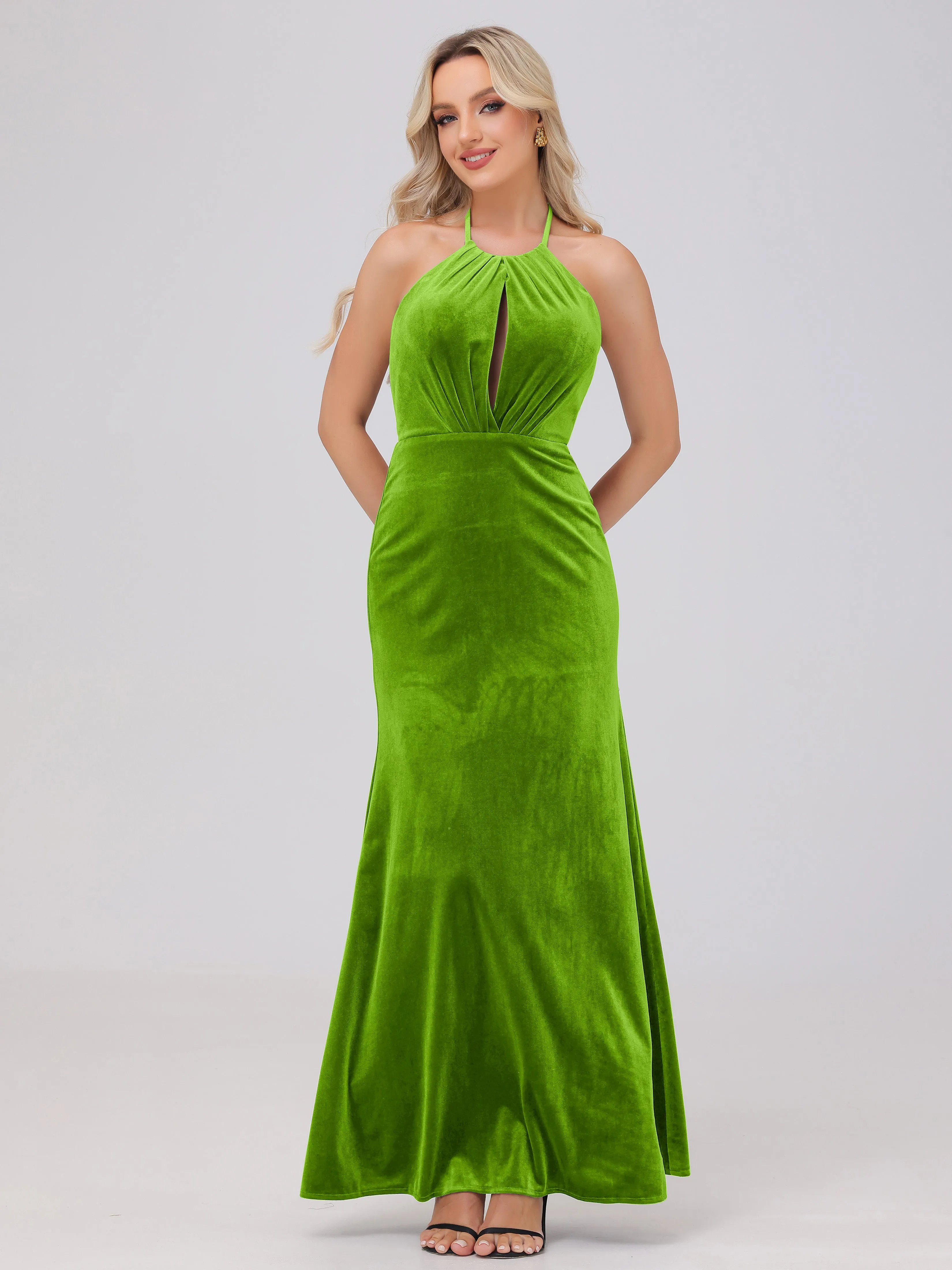 Halter Sheath/Column Long Velvet Bridesmaid Dresses