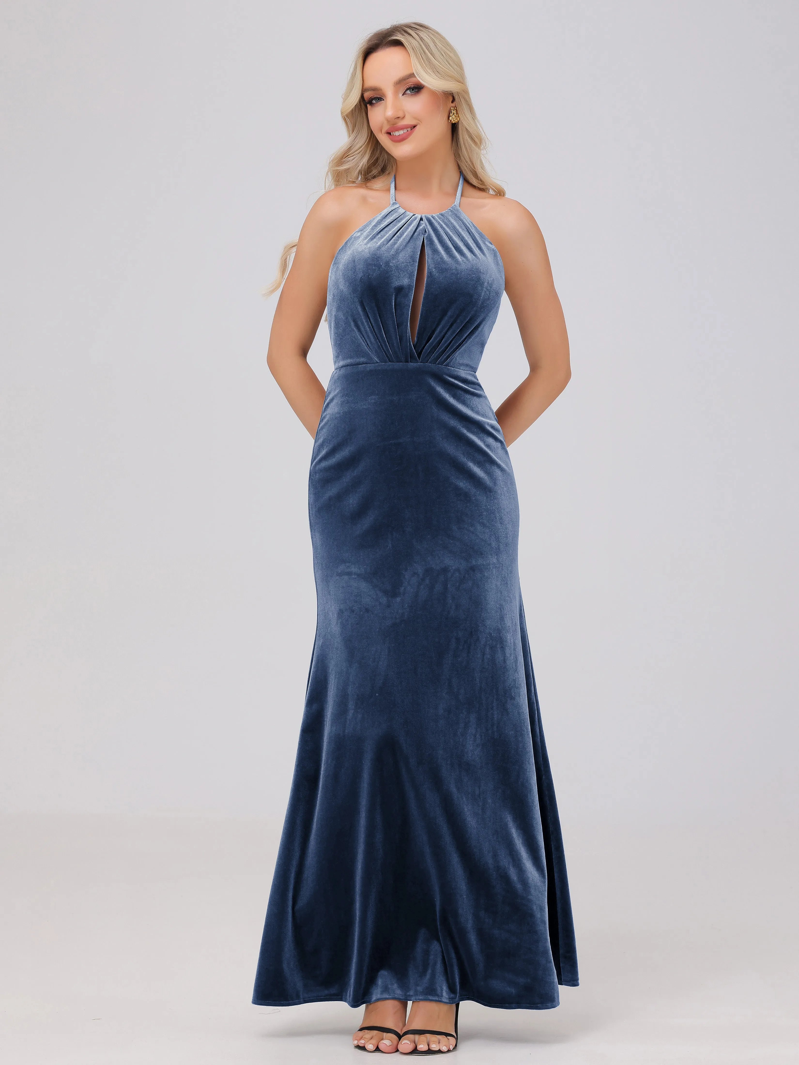 Halter Sheath/Column Long Velvet Bridesmaid Dresses