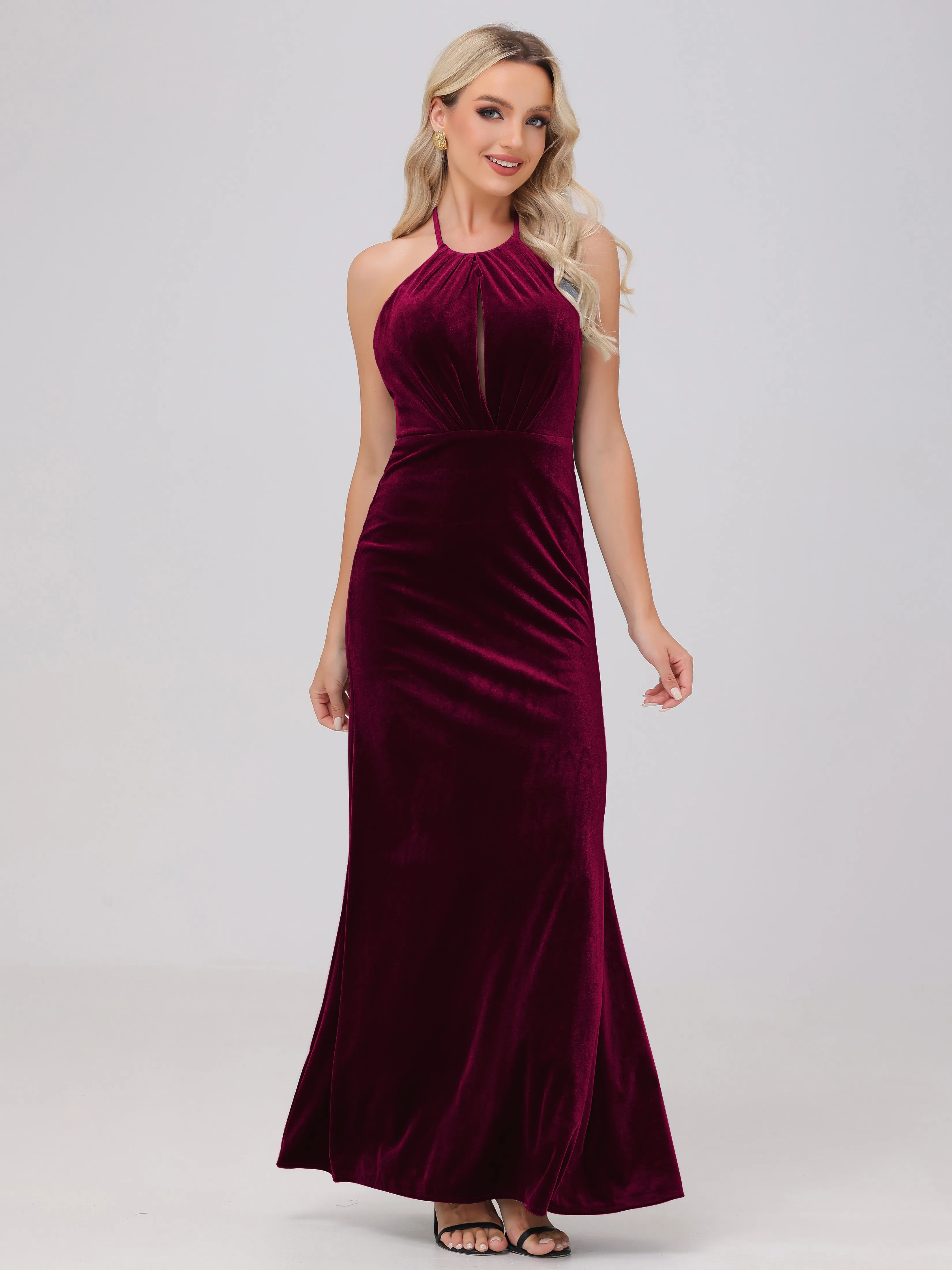 Halter Sheath/Column Long Velvet Bridesmaid Dresses