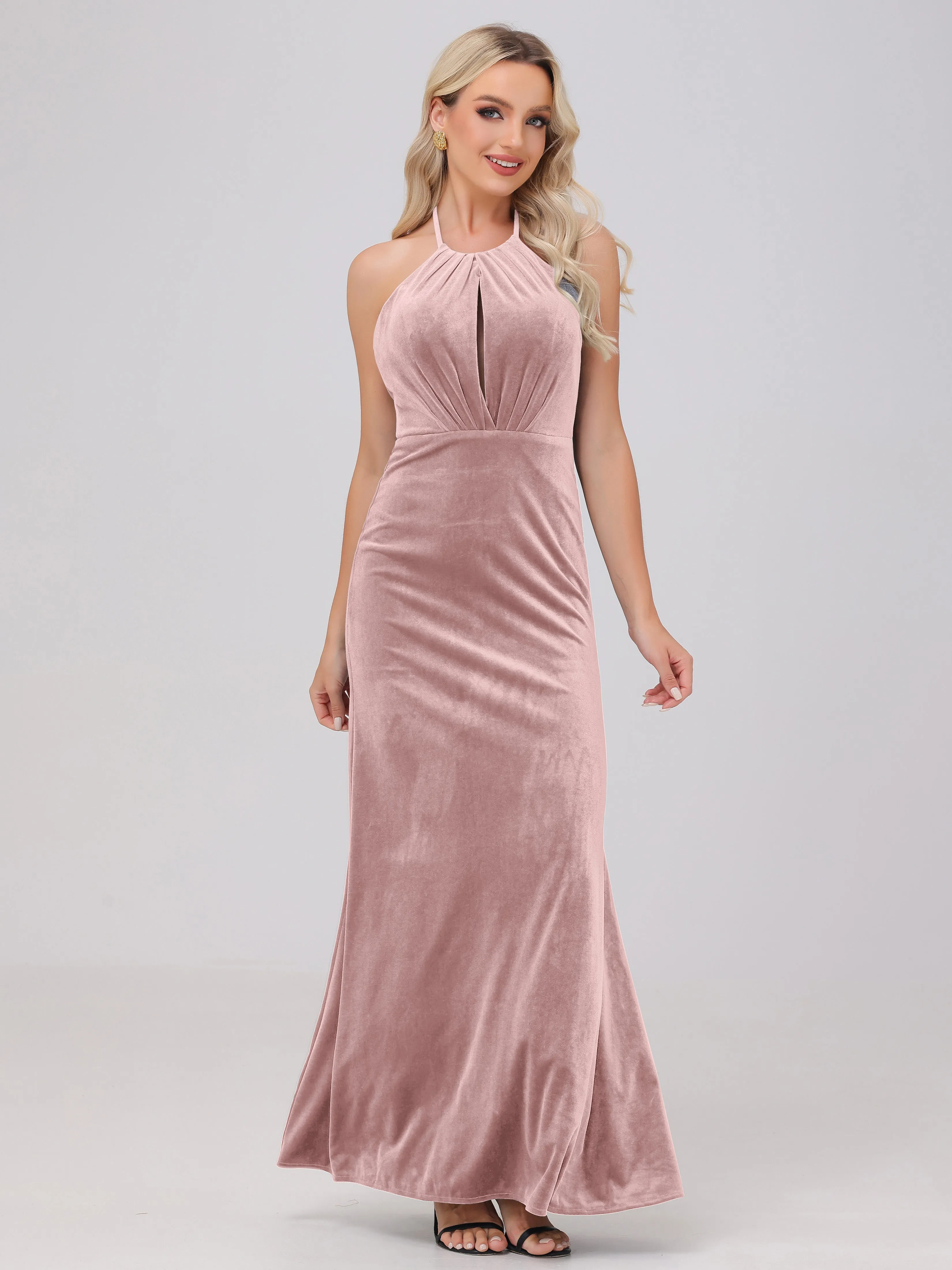 Halter Sheath/Column Long Velvet Bridesmaid Dresses