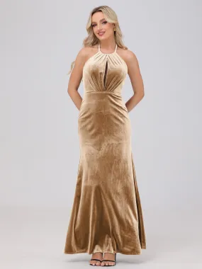 Halter Sheath/Column Long Velvet Bridesmaid Dresses