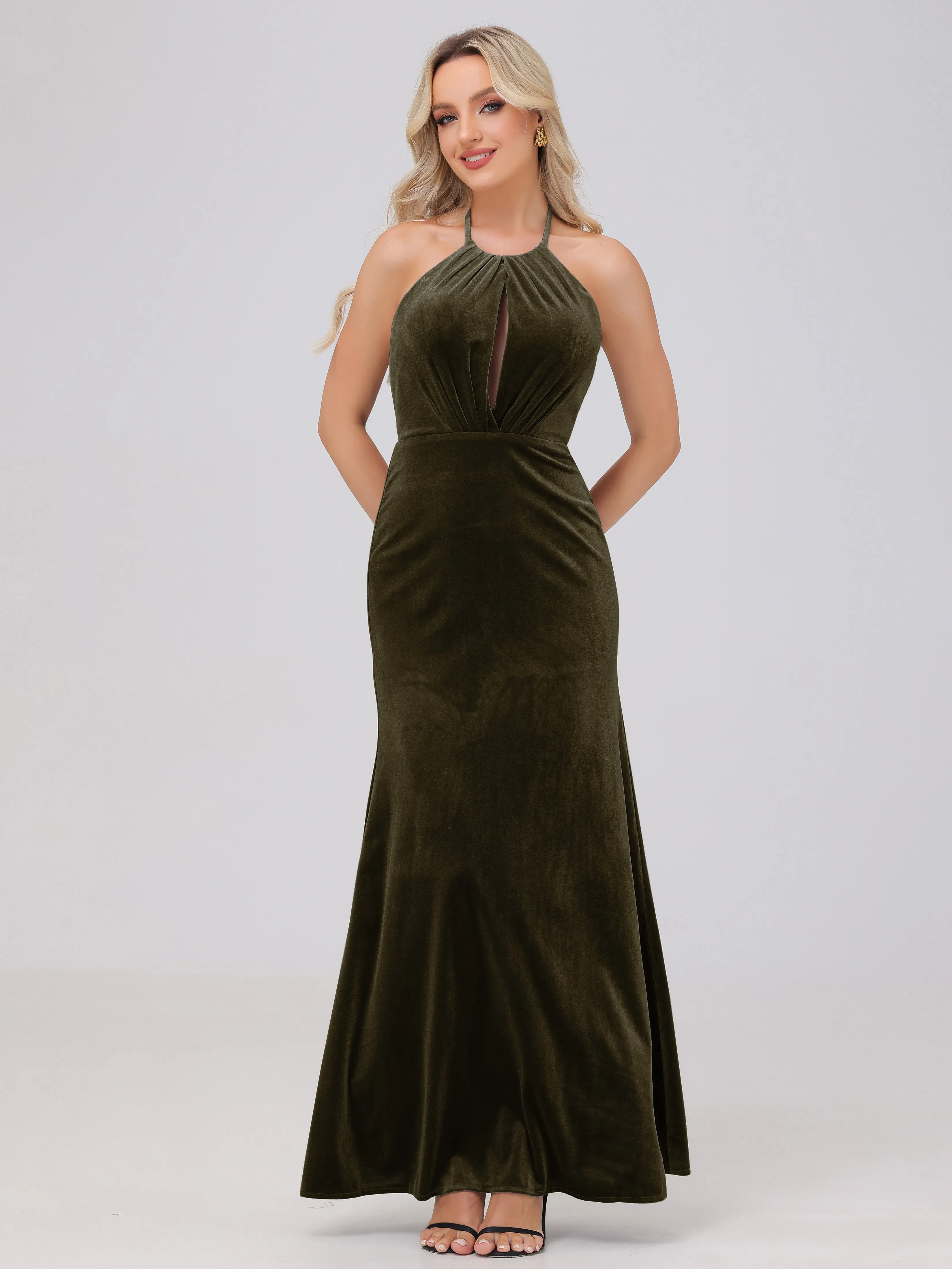 Halter Sheath/Column Long Velvet Bridesmaid Dresses