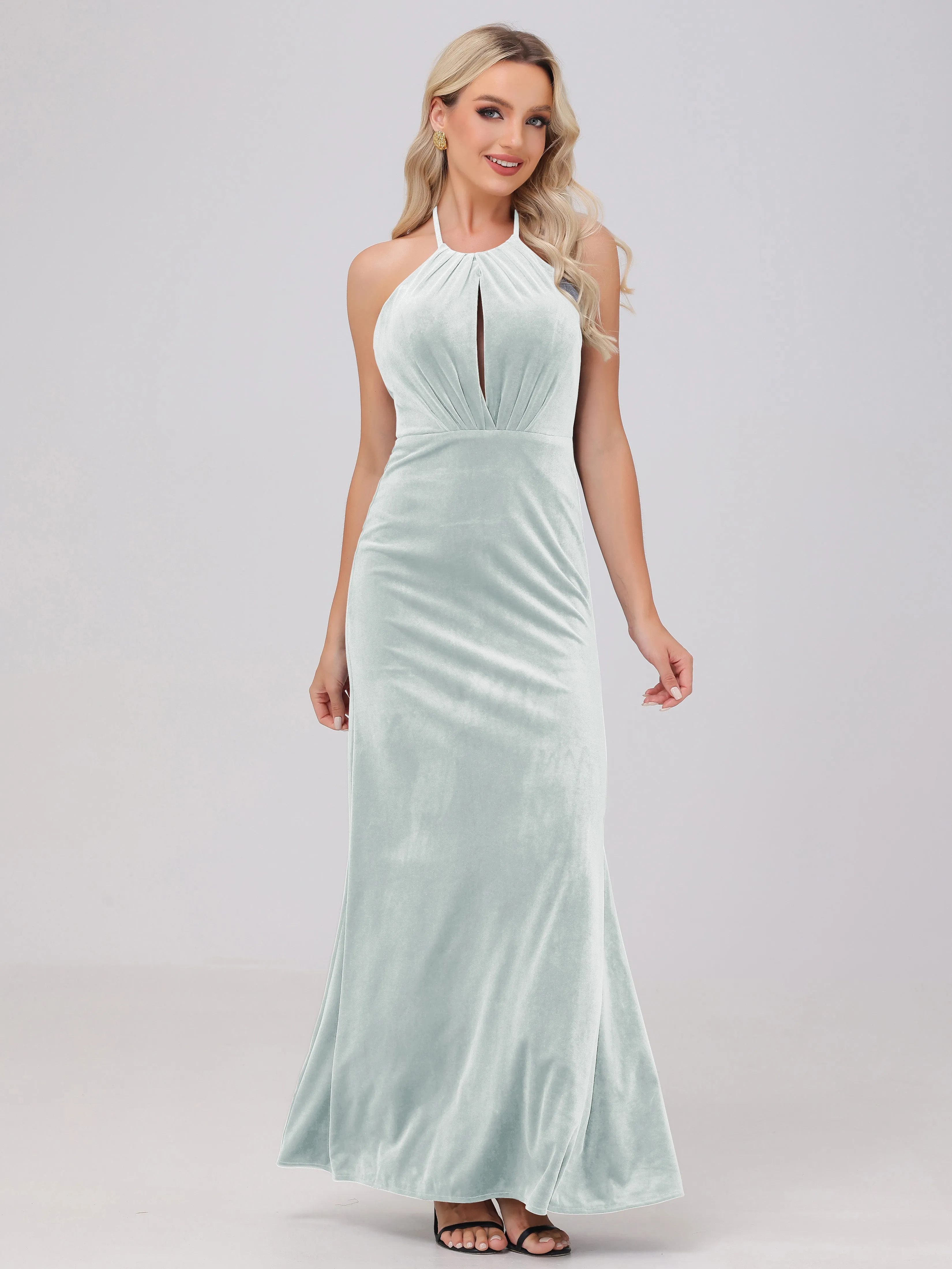 Halter Sheath/Column Long Velvet Bridesmaid Dresses