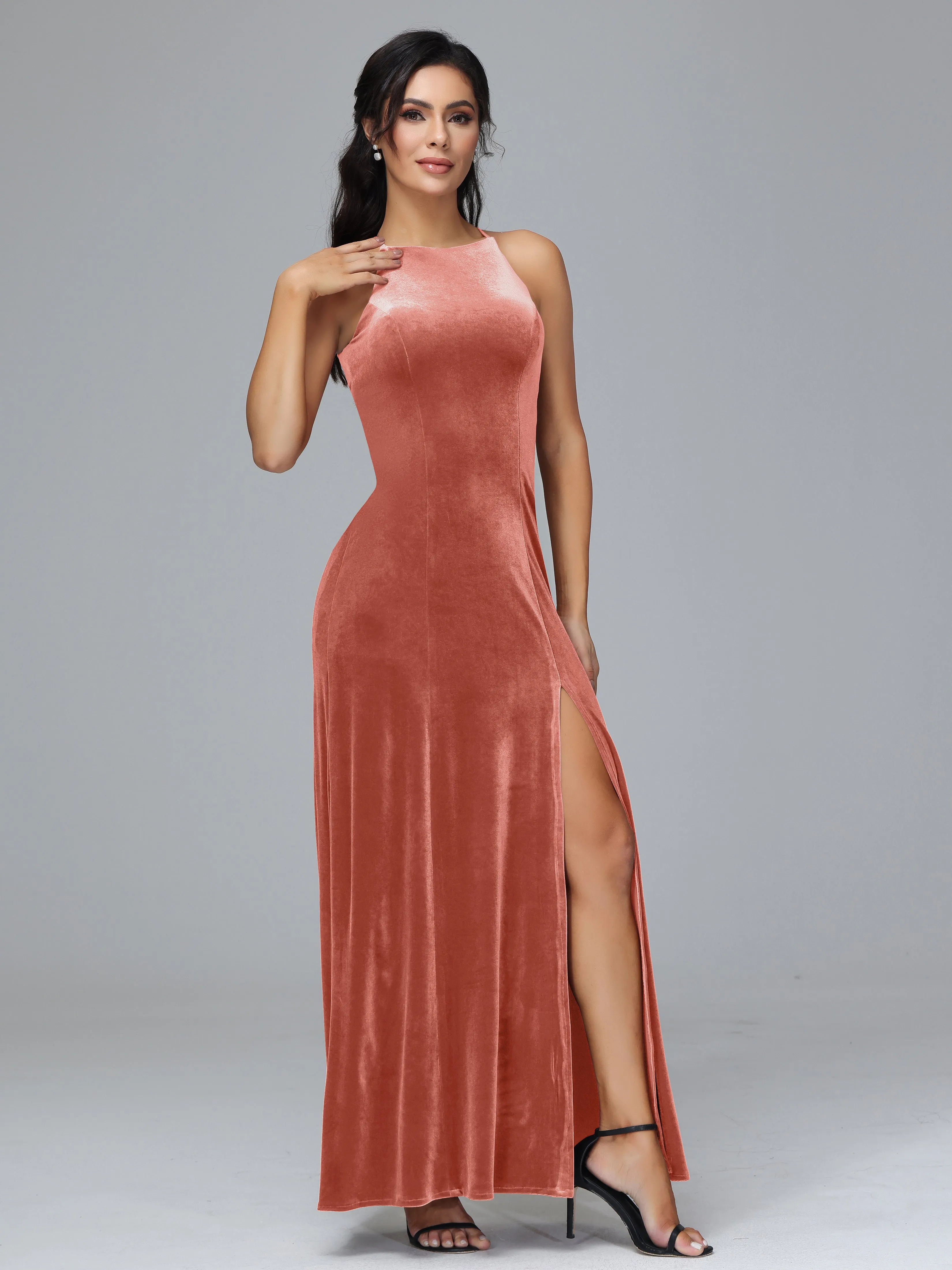 Halter Sleeveless Velvet Bridesmaid Dresses With Split