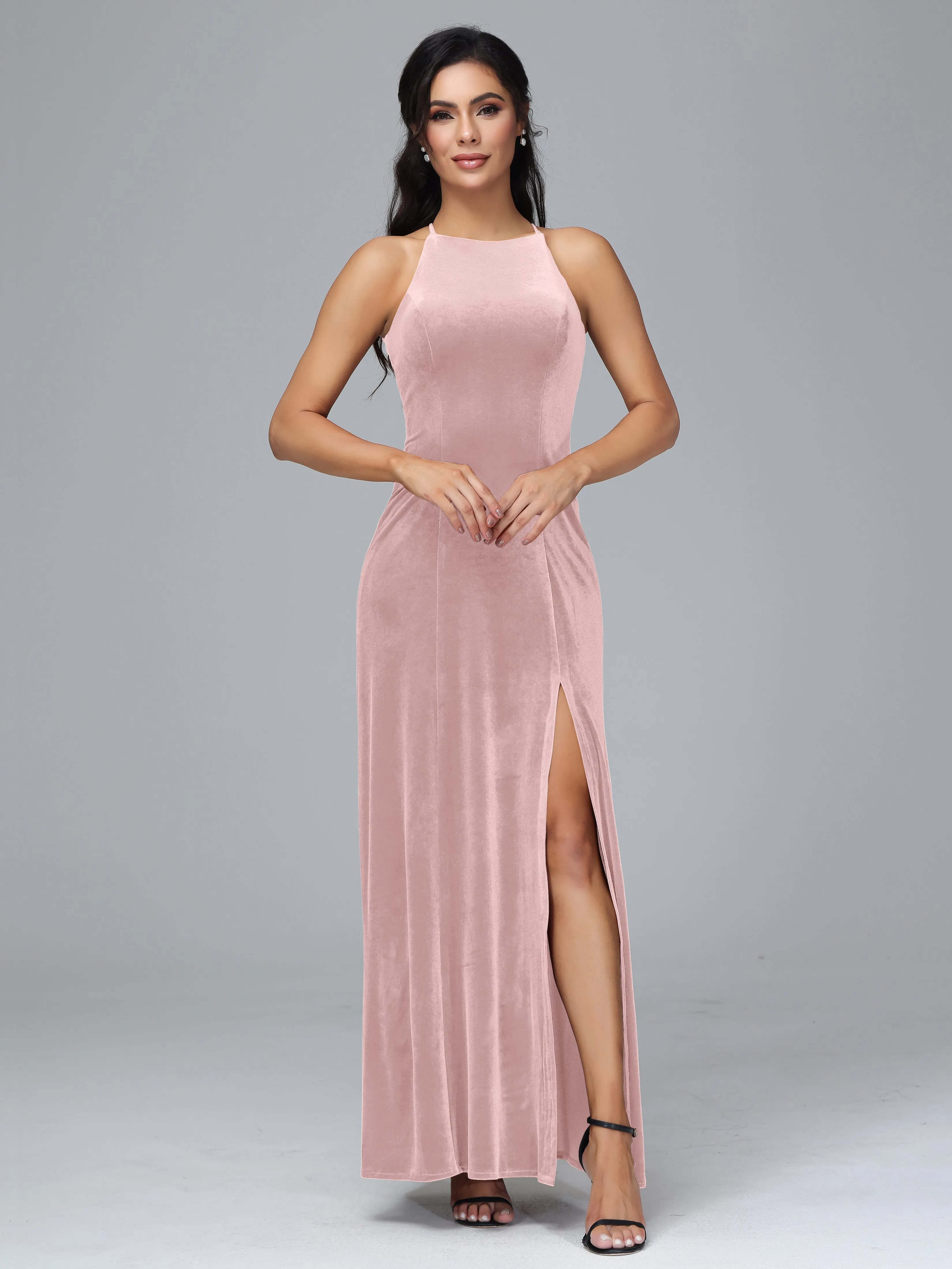 Halter Sleeveless Velvet Bridesmaid Dresses With Split