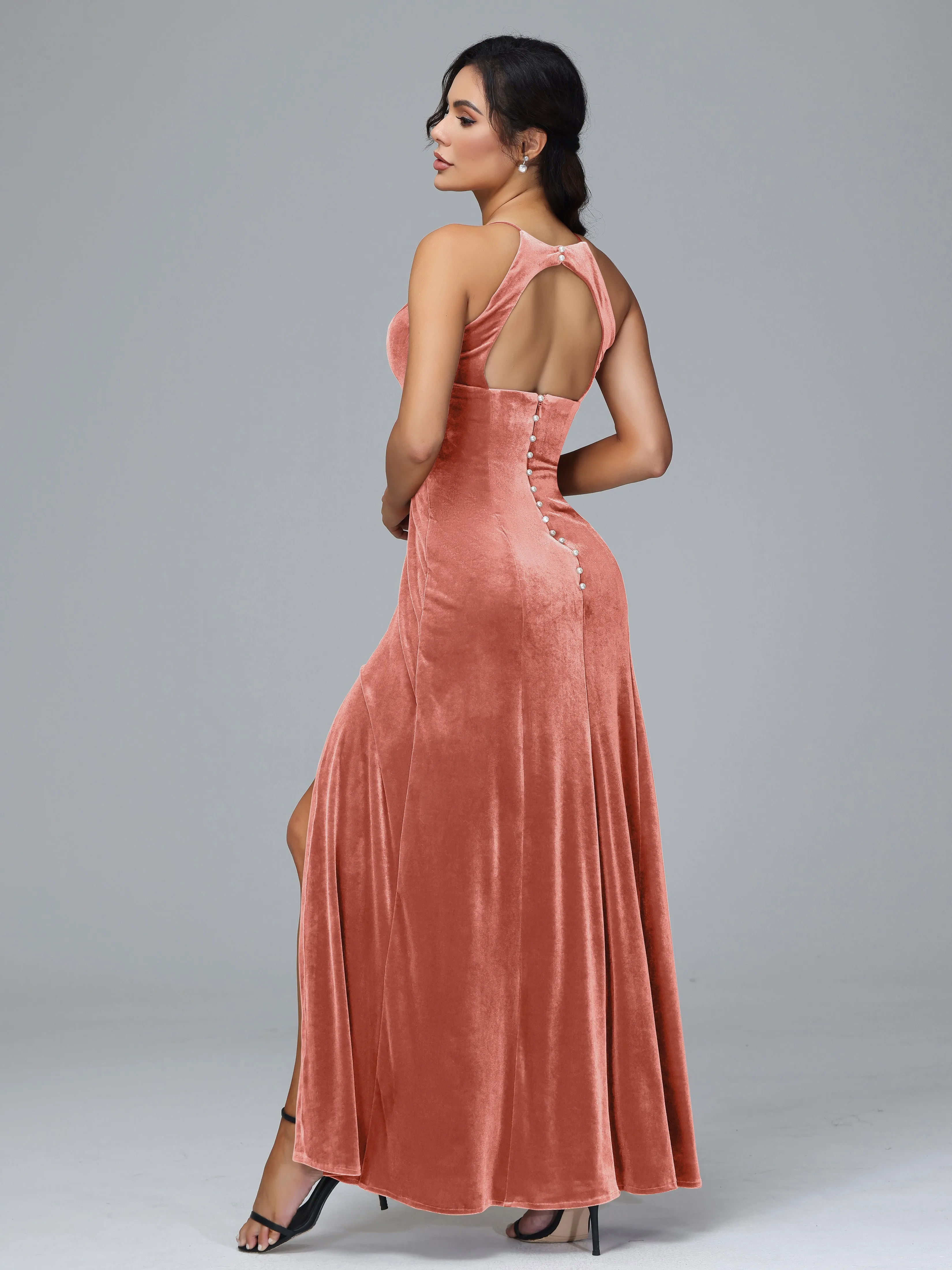 Halter Sleeveless Velvet Bridesmaid Dresses With Split