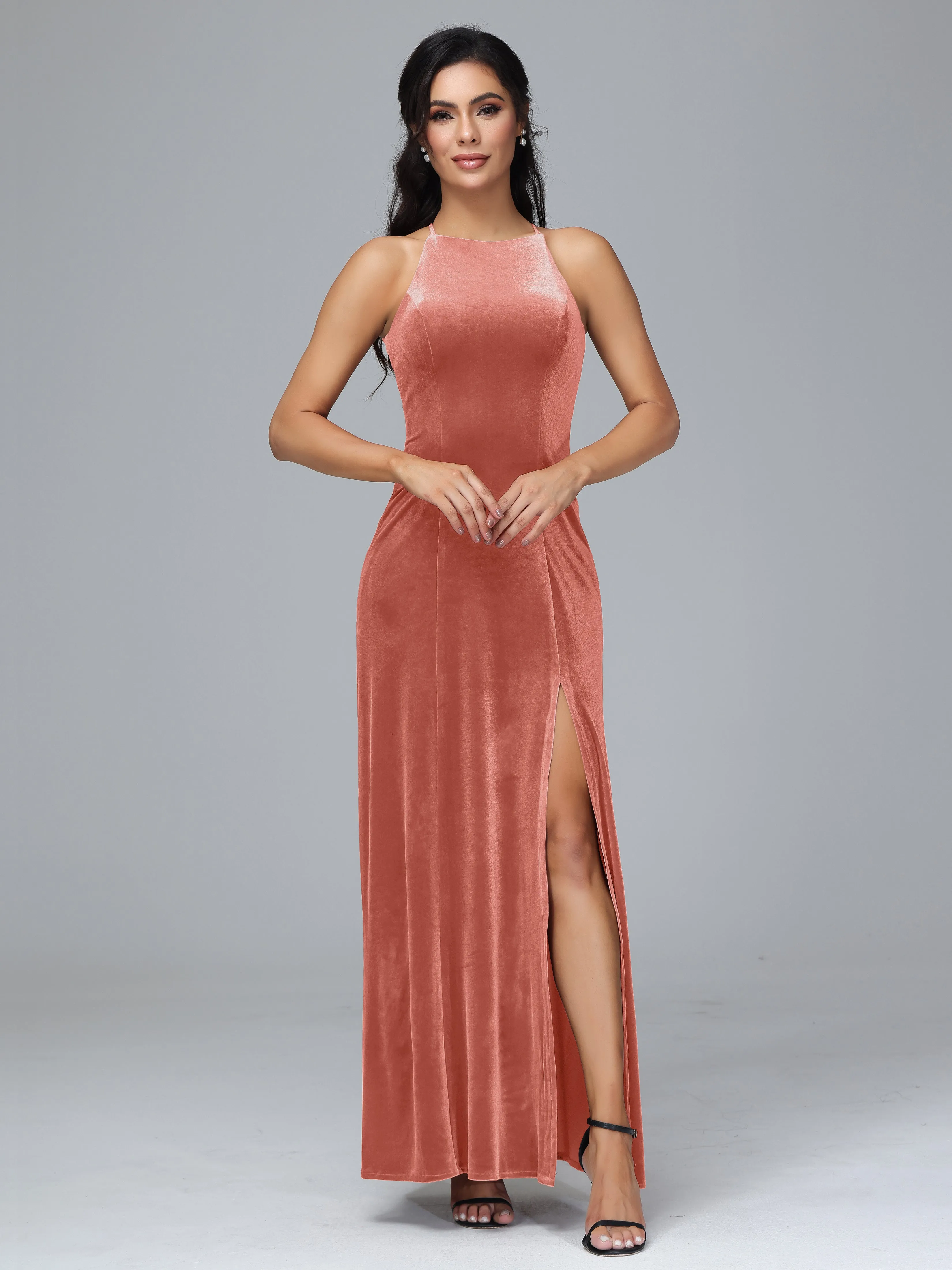 Halter Sleeveless Velvet Bridesmaid Dresses With Split