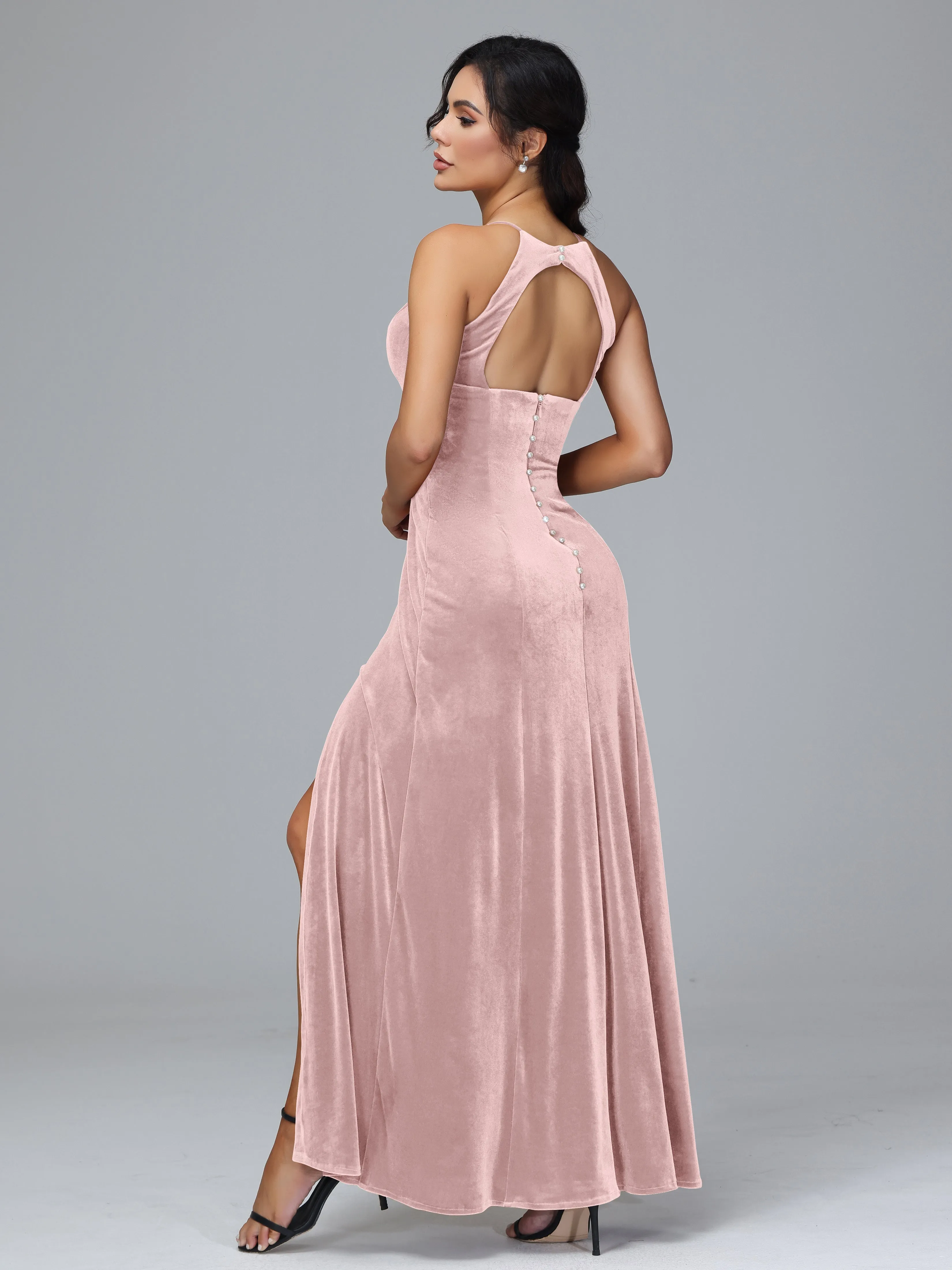 Halter Sleeveless Velvet Bridesmaid Dresses With Split