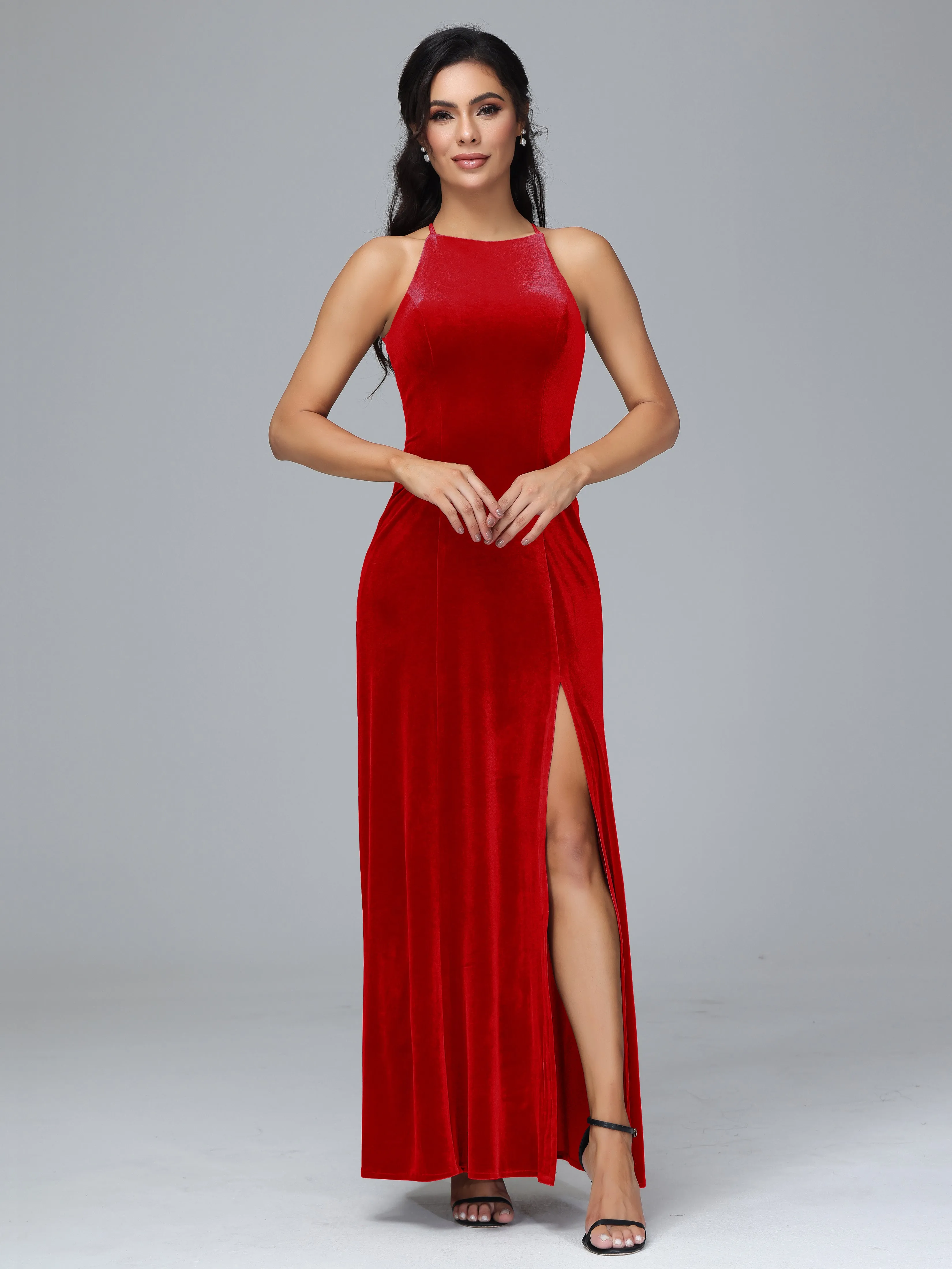 Halter Sleeveless Velvet Bridesmaid Dresses With Split