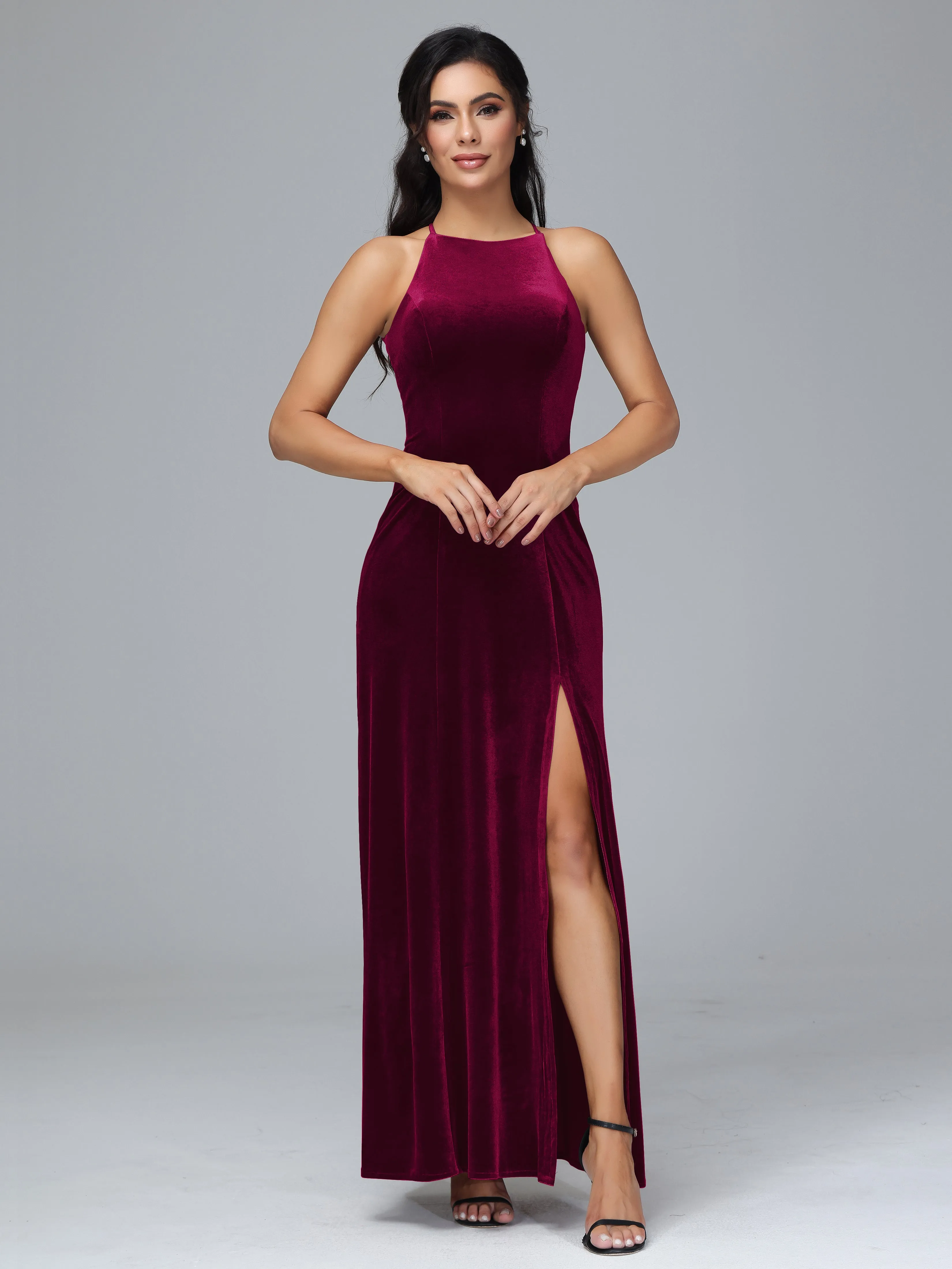 Halter Sleeveless Velvet Bridesmaid Dresses With Split