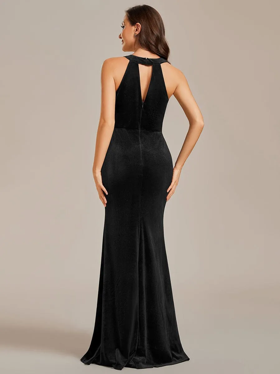 Halter Sleeveless Velvet Evening Dress with Shiny Belt(Final Sale)