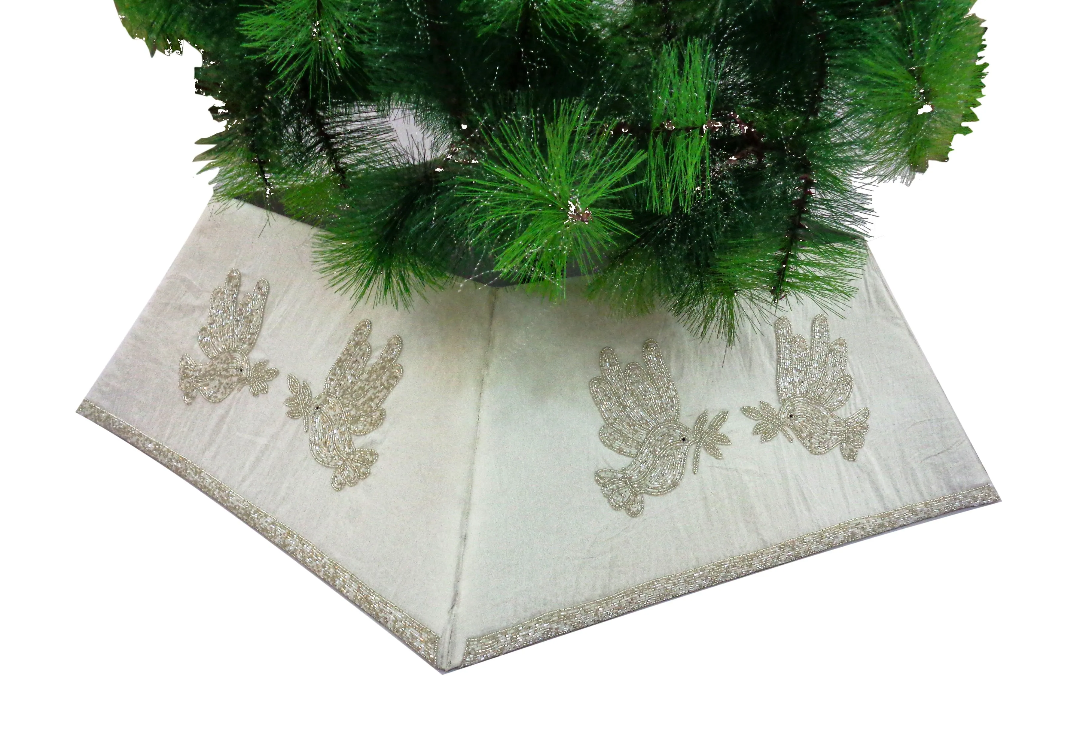 Hand Beaded Adjustable Christmas Tree Collar - Doves on White Silk