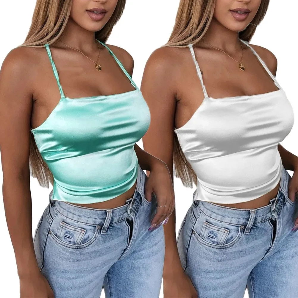 Hohe Qualität 2021 Neue Mode Frauen Sexy Stil Satin Seide Backless Zurück Verband Weste Bluse Tops Strappy Sommer Strand Cami tank