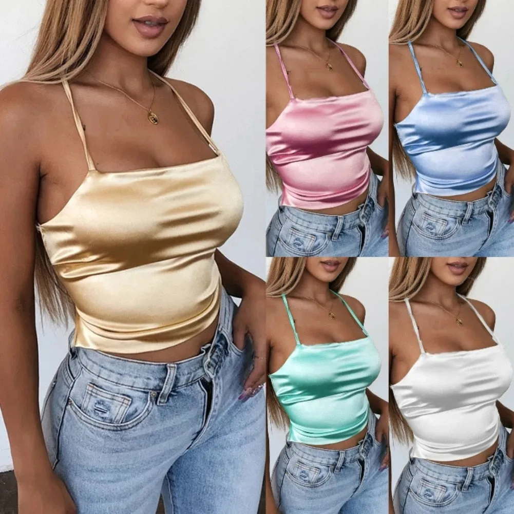 Hohe Qualität 2021 Neue Mode Frauen Sexy Stil Satin Seide Backless Zurück Verband Weste Bluse Tops Strappy Sommer Strand Cami tank