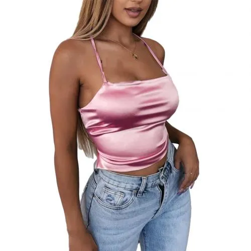 Hohe Qualität 2021 Neue Mode Frauen Sexy Stil Satin Seide Backless Zurück Verband Weste Bluse Tops Strappy Sommer Strand Cami tank