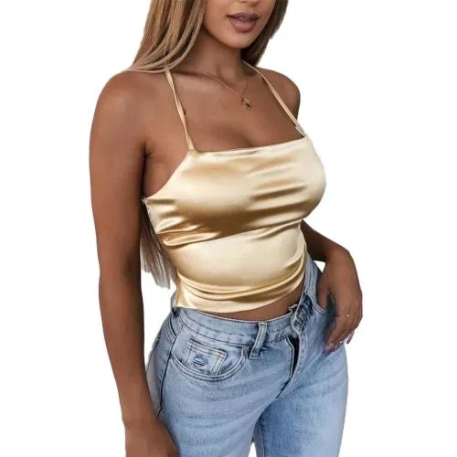 Hohe Qualität 2021 Neue Mode Frauen Sexy Stil Satin Seide Backless Zurück Verband Weste Bluse Tops Strappy Sommer Strand Cami tank