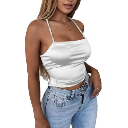 Hohe Qualität 2021 Neue Mode Frauen Sexy Stil Satin Seide Backless Zurück Verband Weste Bluse Tops Strappy Sommer Strand Cami tank