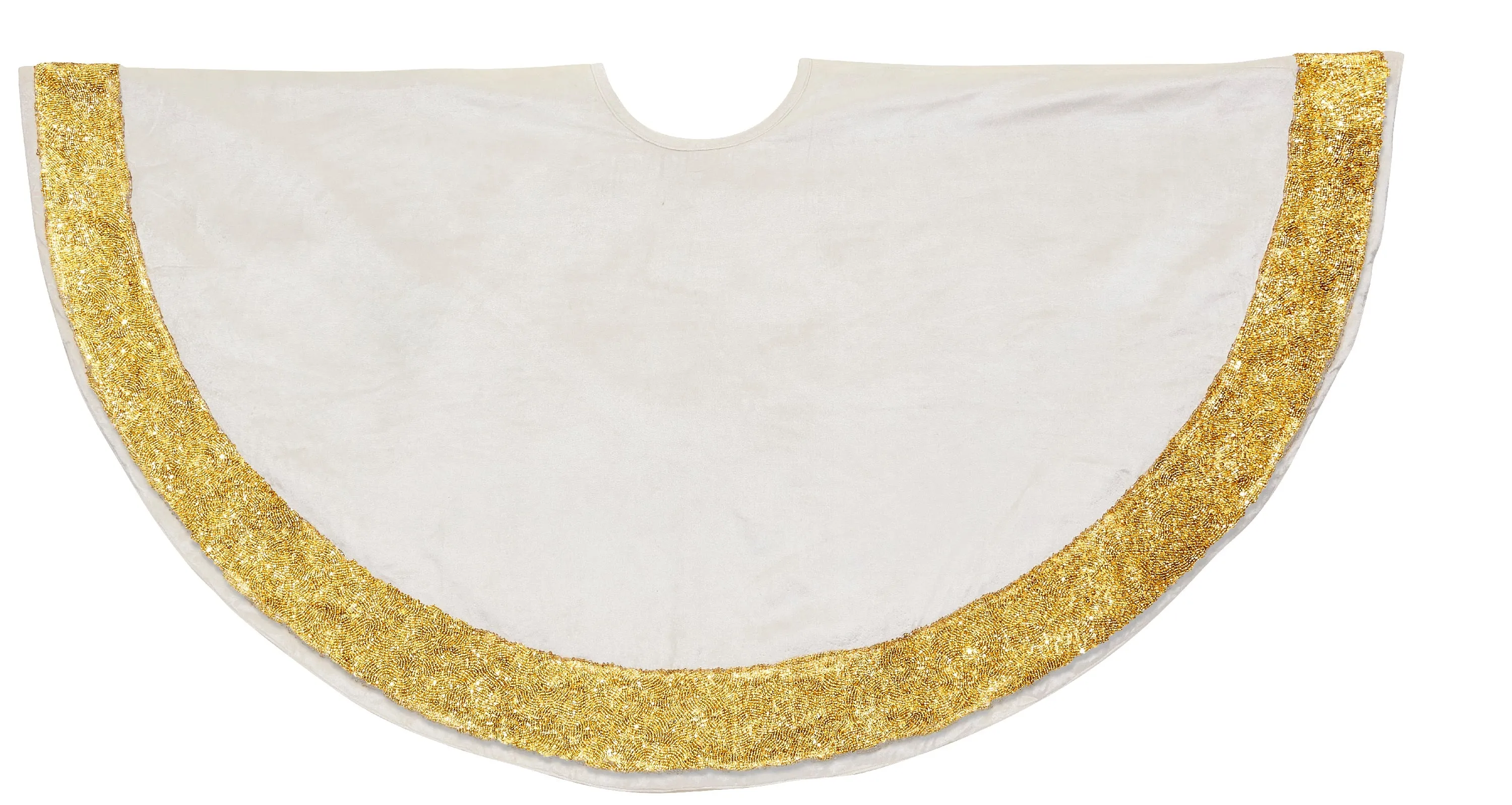 Ivory Velvet Christmas Tree Skirt with Hand Beaded Gold Border - 60"