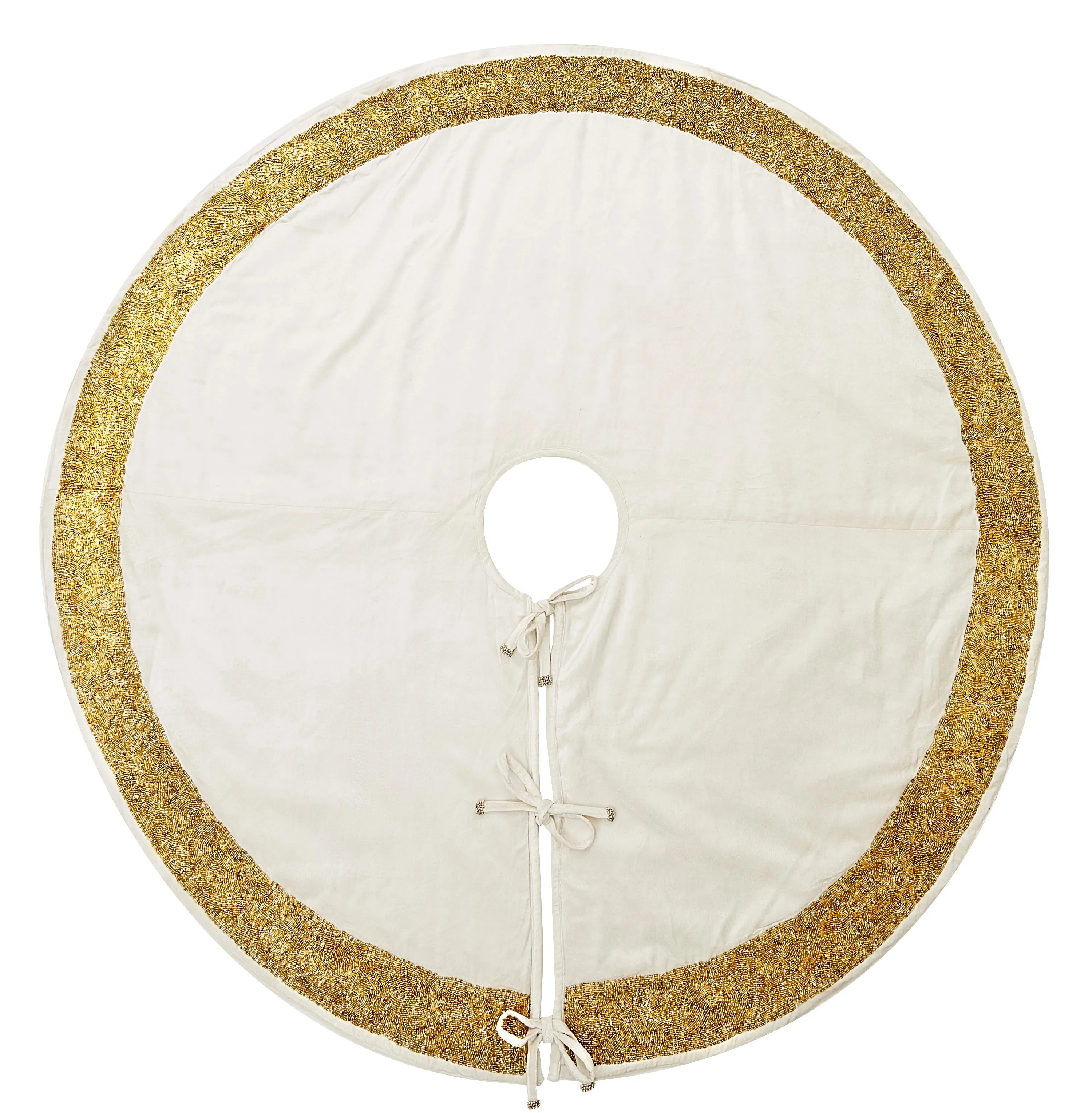 Ivory Velvet Christmas Tree Skirt with Hand Beaded Gold Border - 60"