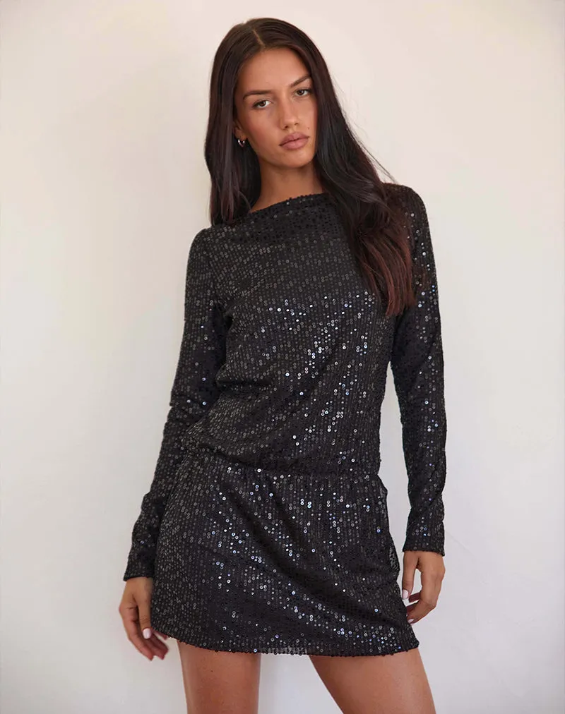 Jasilia Long Sleeve Mini Dress in Gauzy Sequin Black