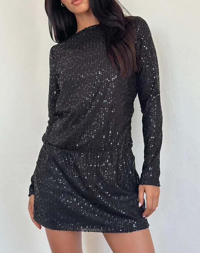 Jasilia Long Sleeve Mini Dress in Gauzy Sequin Black