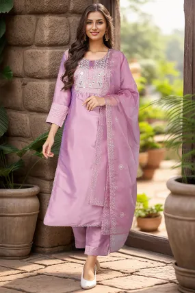 Lavender Silk Blend Straight Kurta Pant With Dupatta PKSKD1920