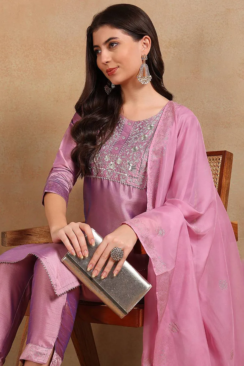 Lavender Silk Blend Straight Kurta Pant With Dupatta PKSKD1920