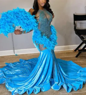 Legend Blue Velvet Feathers Mermaid Golden Crystal Beading Prom Dresses Luxury Designer Party Black Girls Bespoke robe de bal