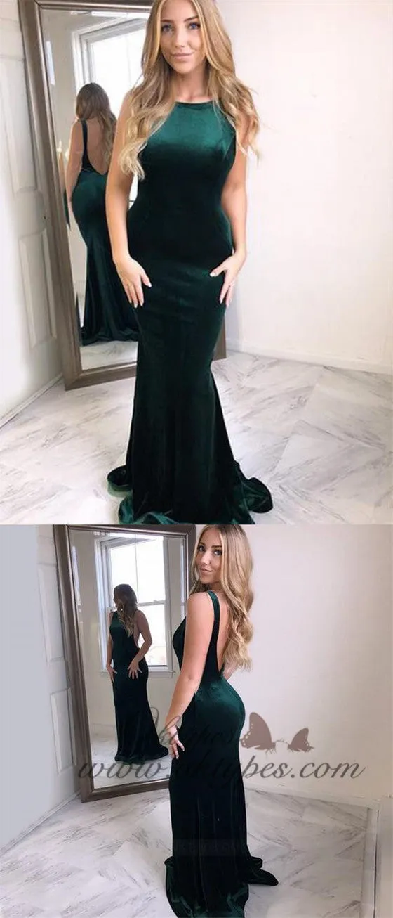 Long Prom Dresses Velvet Emerald Green Backless Evening Prom Dresses, TYP1589