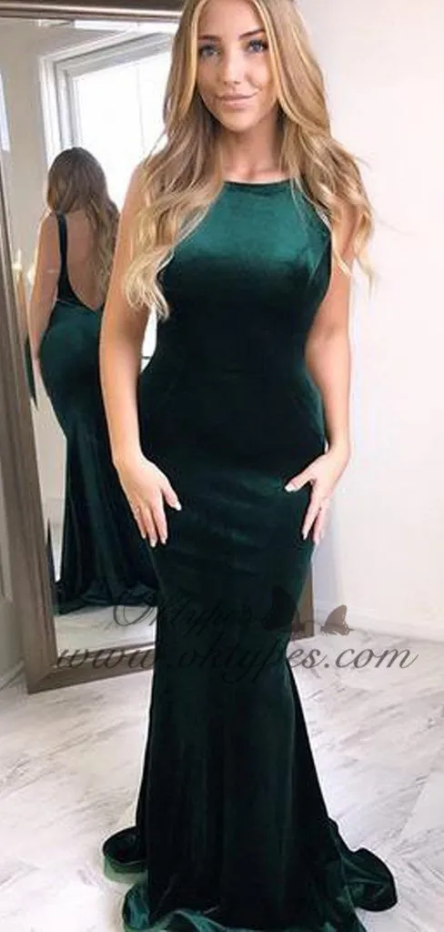 Long Prom Dresses Velvet Emerald Green Backless Evening Prom Dresses, TYP1589