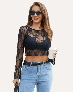 Long Sleeve Sheer Floral Lace Tops