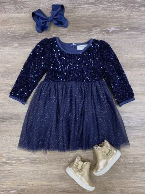 Midnight Blue Sequin Velvet & Chiffon Girls Special Occasion Tutu Dress