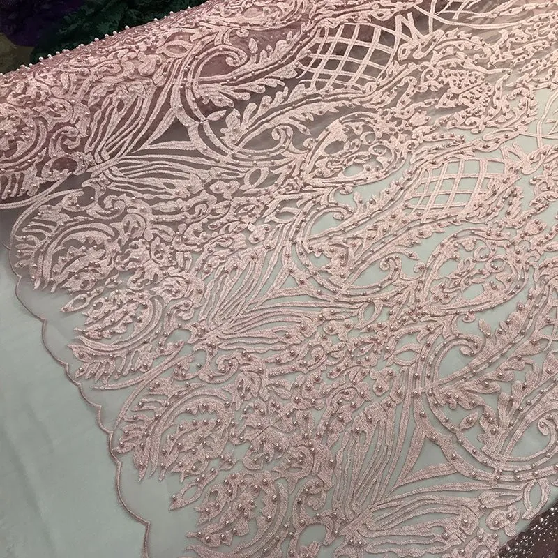 Multi-Color Design Embroidered Beaded Lace Fabric