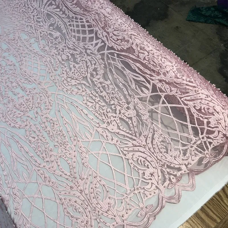 Multi-Color Design Embroidered Beaded Lace Fabric